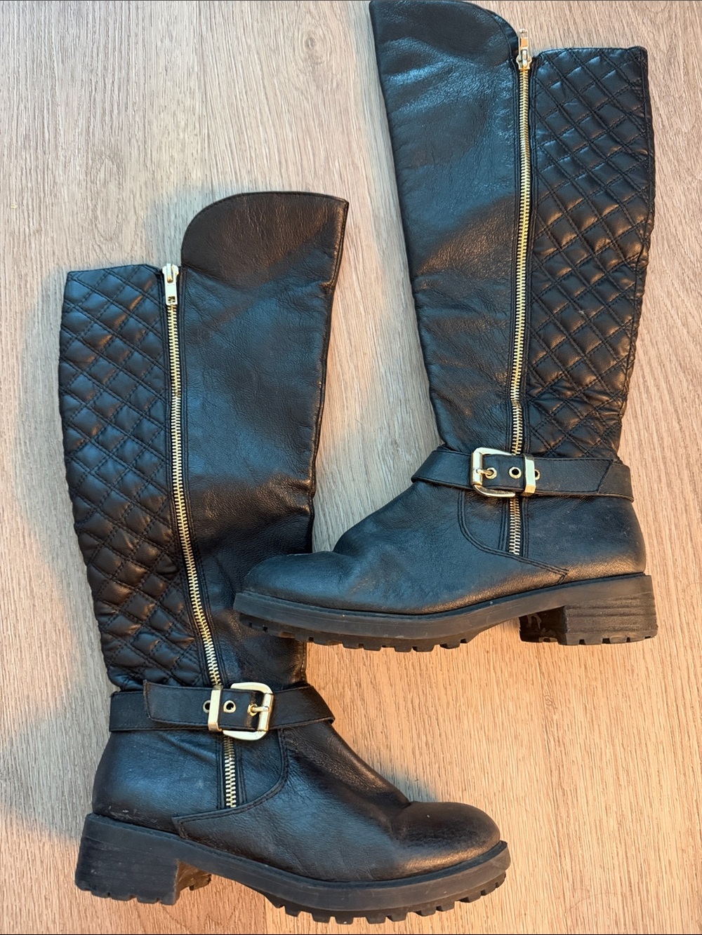 Steve Madden Black Quilted Knee-High Boots with Gold Hardware